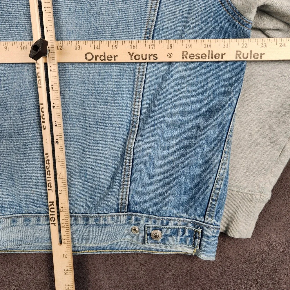 Levis Hybrid Hoodie Trucker Jacket Mens‎ Medium Blue Denim Grey Jersey Sleeves - Picture 11 of 13